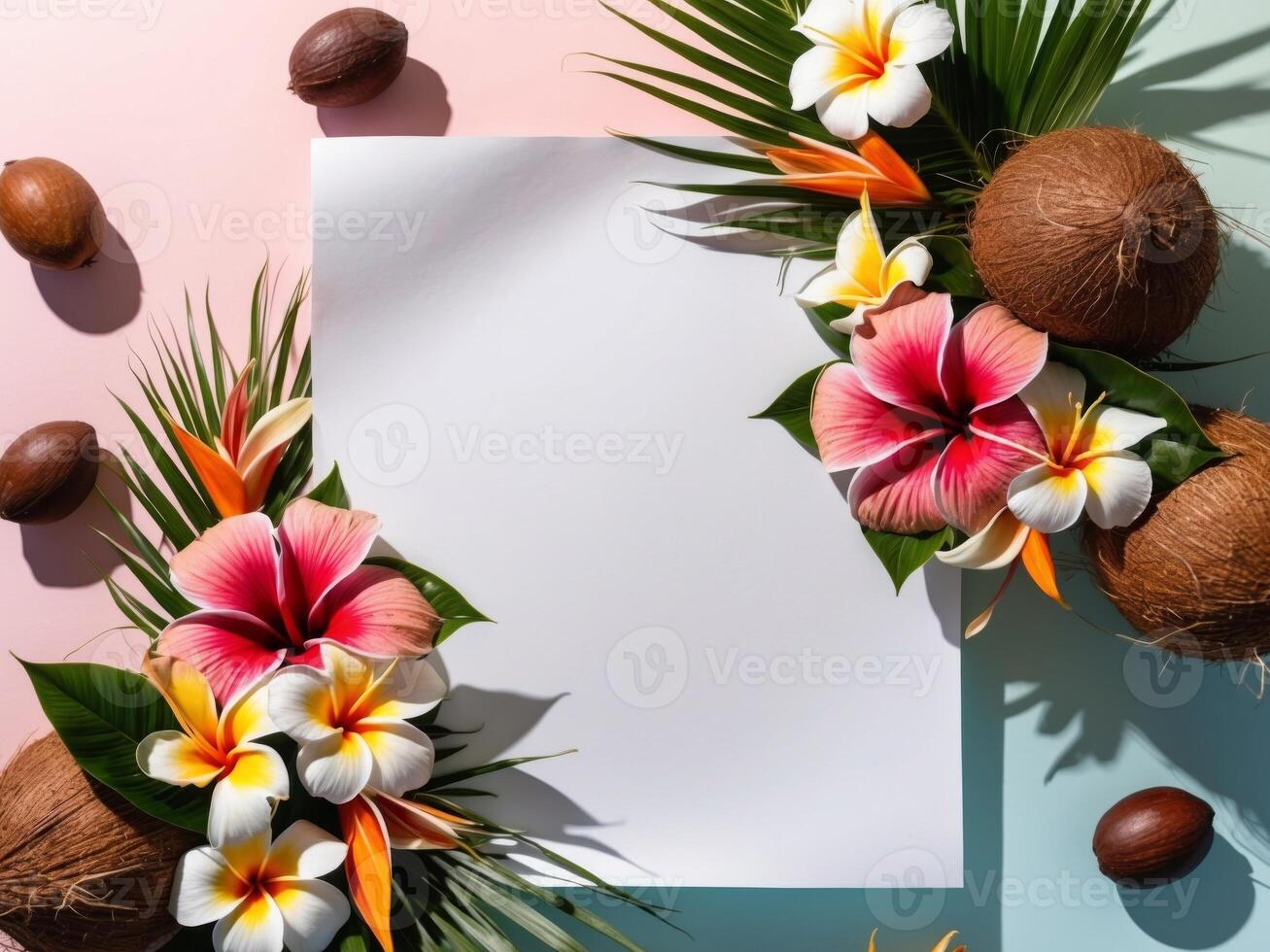 Colorful composition of blank paper surrounded by tropical flowers and ripe coconuts on vibrant pastel backgrounds closeup. photo