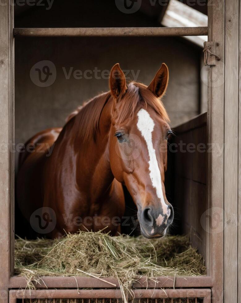 Caring for a bay horse in a stall eating hay. photo