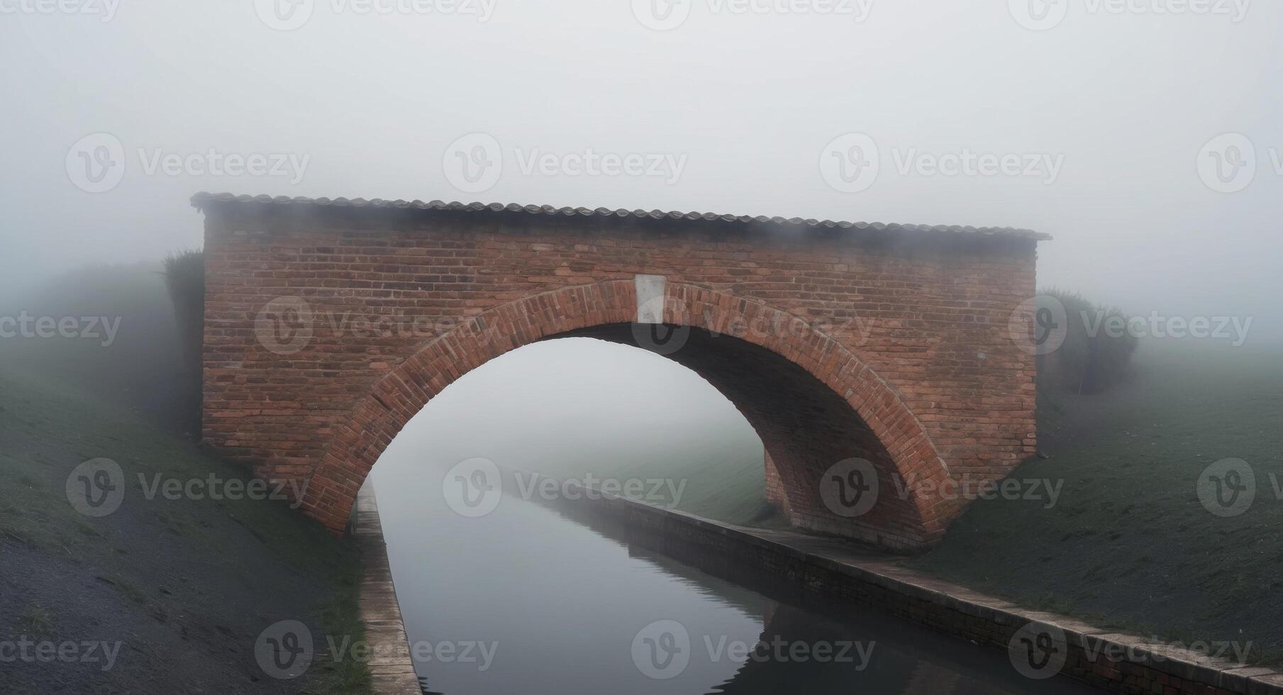 A Tranquil Canal Scene Under a Brick Archway with Mist. photo