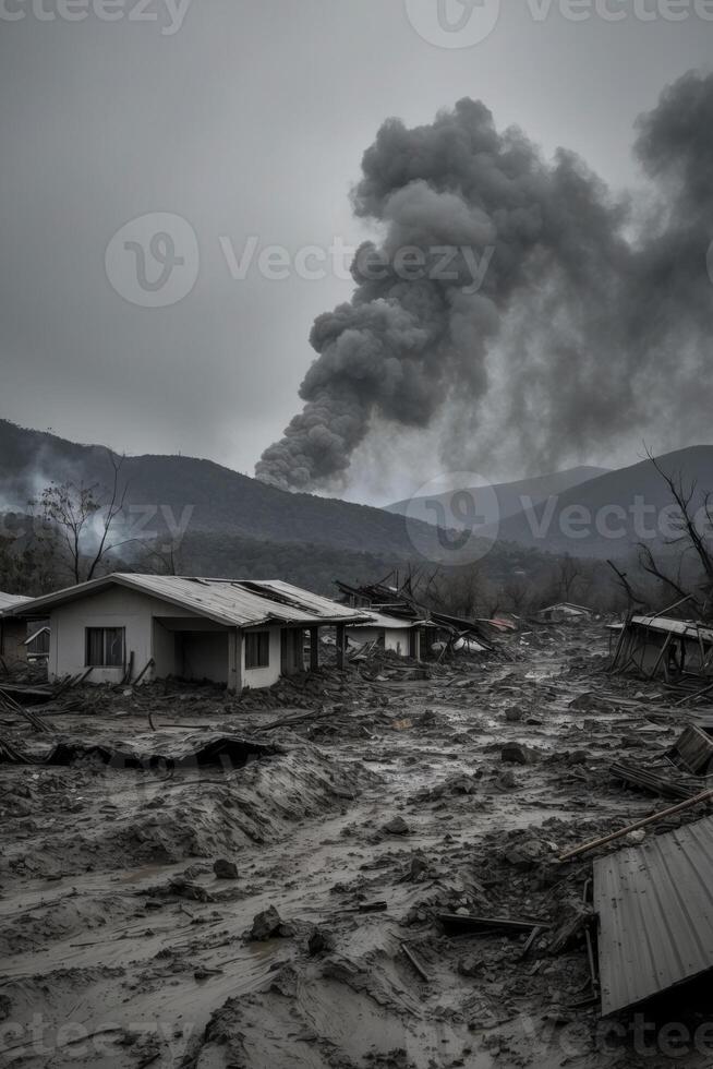 Devastated valley landscape post volcanic eruption with homes ravaged by mudflow disaster. photo