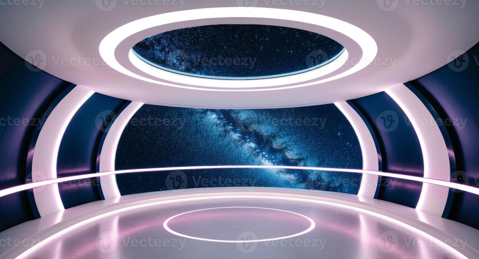 Futuristic Circular Space Corridor with Neon Lights and Starry Background. photo