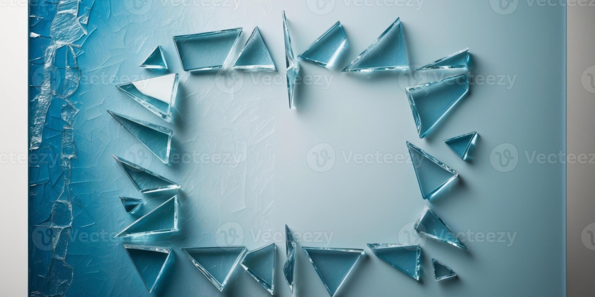 Broken Glass Shards Creating a Frame on a Textured Blue Background. photo
