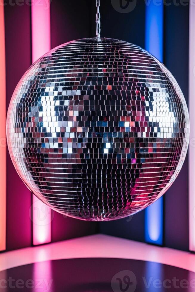 Disco ball with colorful light backdrop for vibrant event promotion design. photo