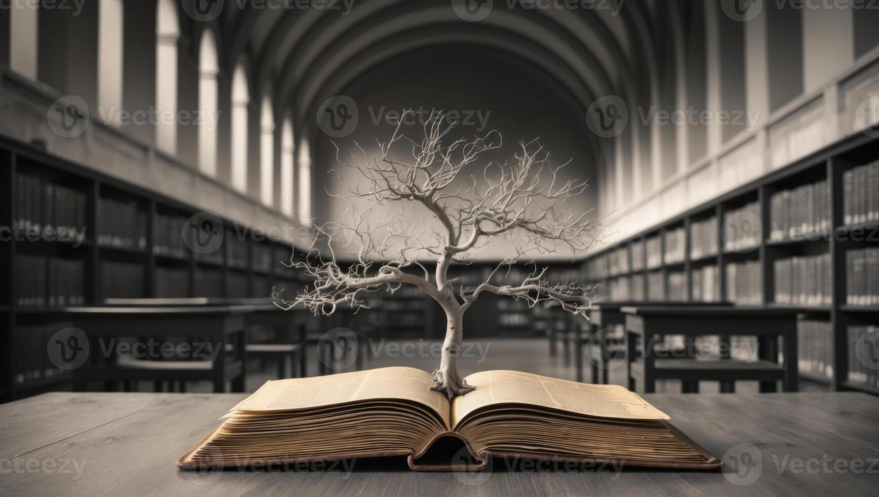 Book with tree growing from pages in a library setting during evening light. photo
