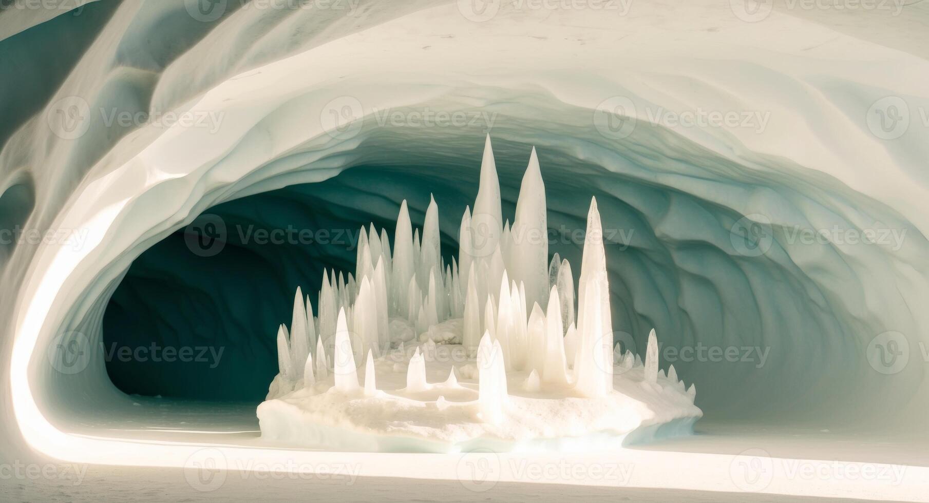 A Sunlit Ice Cave with Crystal Formations. photo