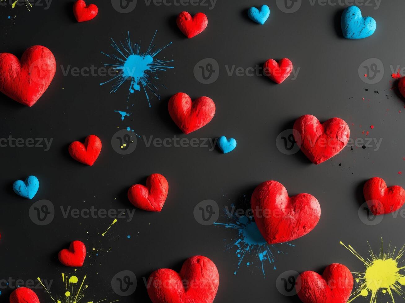 abstract grunge textured red hearts of different sizes scattered across dark background with splashes of colors. photo