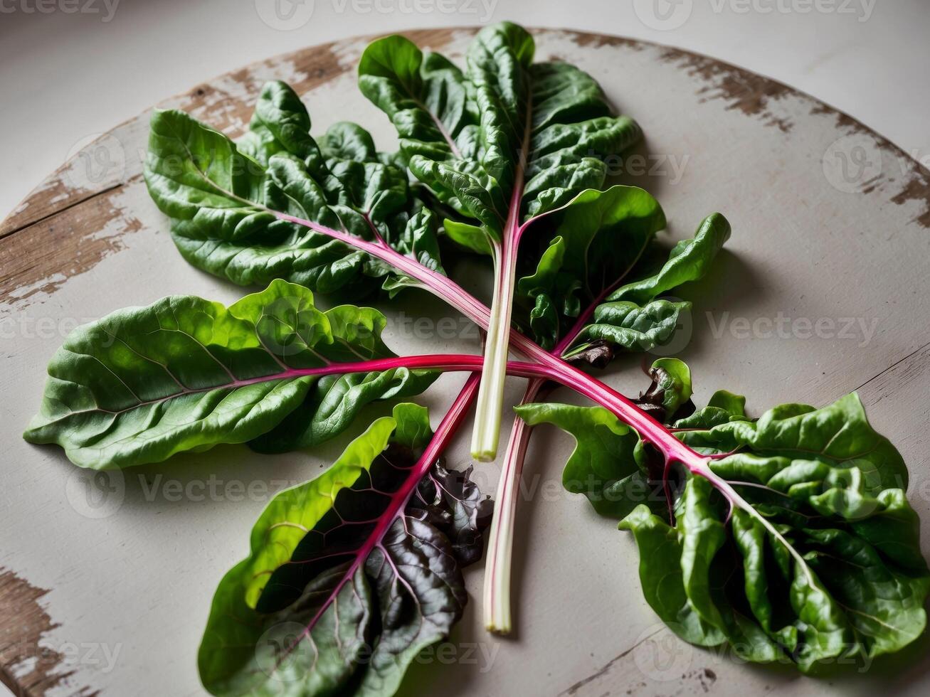 Close up image of fresh chard leaves on wooden table. photo