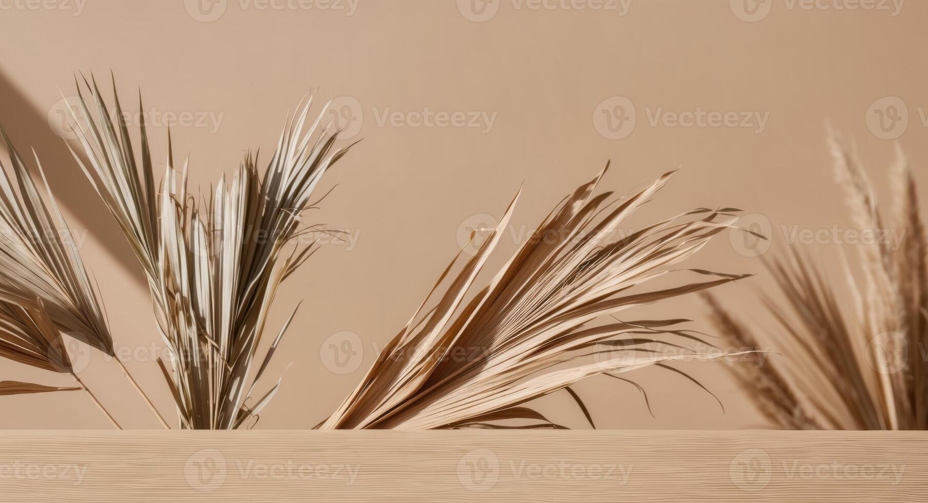 Dried Palm Leaves and Pampas Grass Border on Tan Background. photo