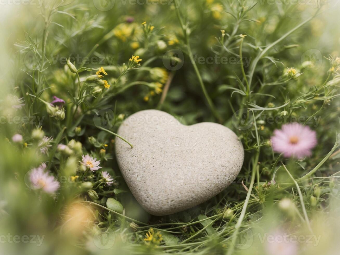 A Beautiful Heart Shaped Stone Surrounded by Nature and Flowers. photo