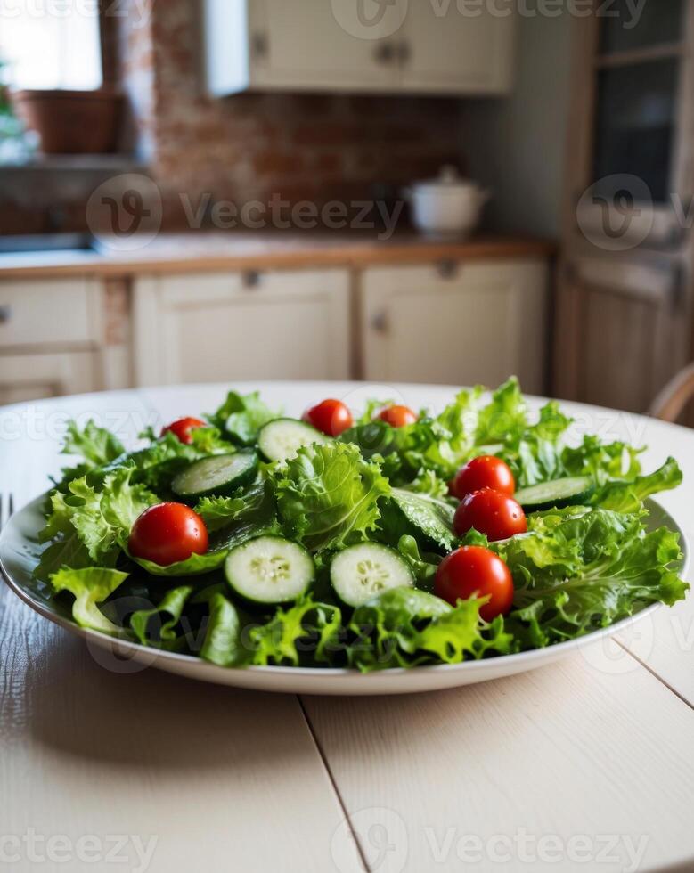 Close up of fresh green salad on light table with rustic kitchen background Healthy and easy meal concept. photo