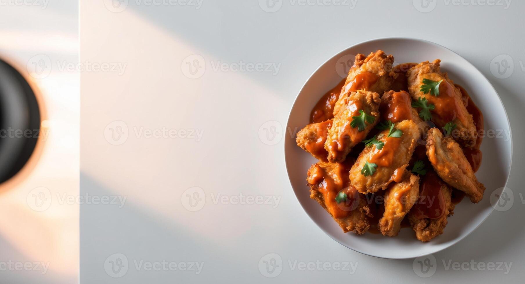 Crispy Fried Chicken Wings with Spicy Sauce and Parsley. photo
