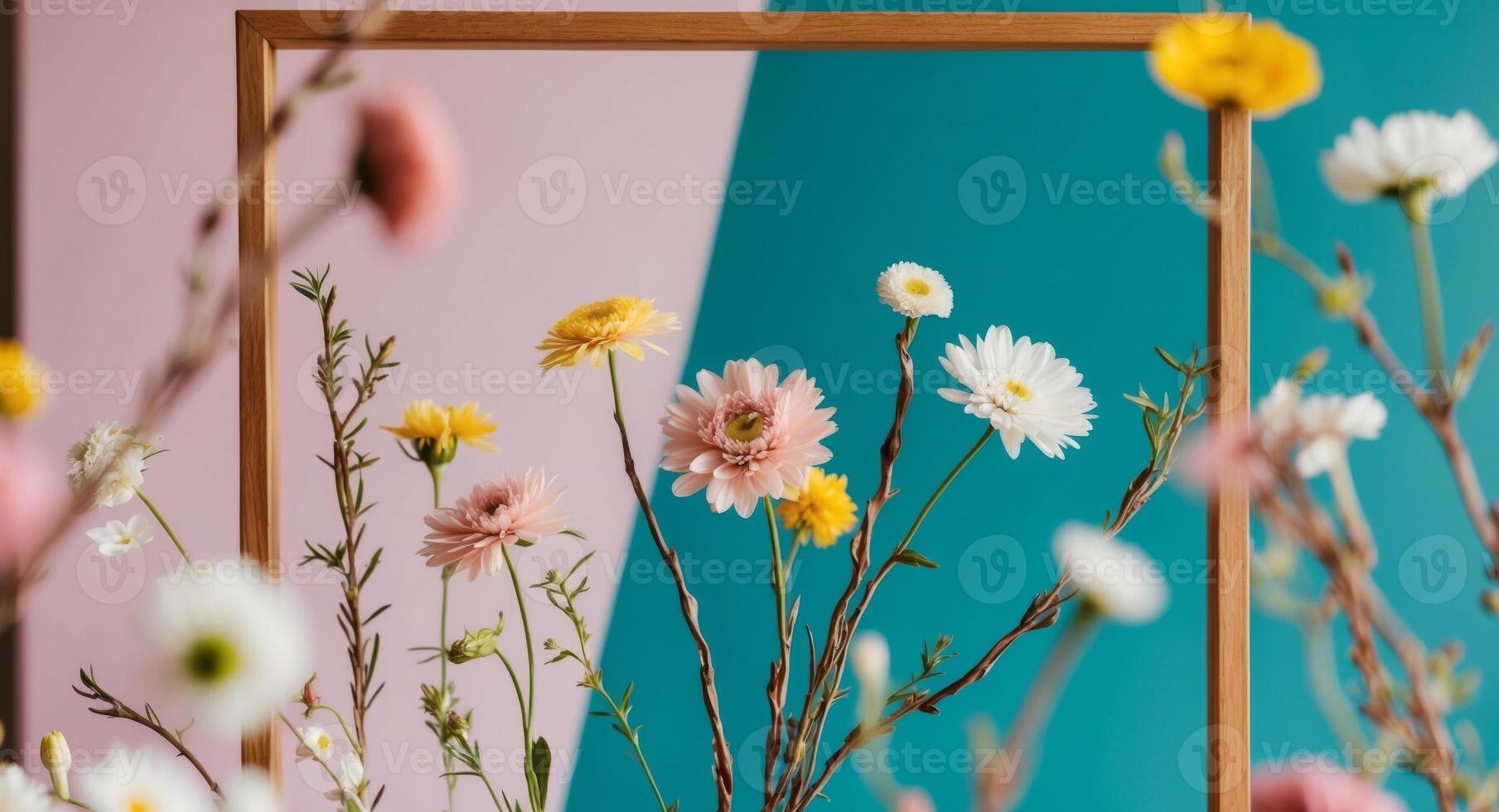 A Floral Frame of Assorted Flowers and Twigs on a Teal Background. photo