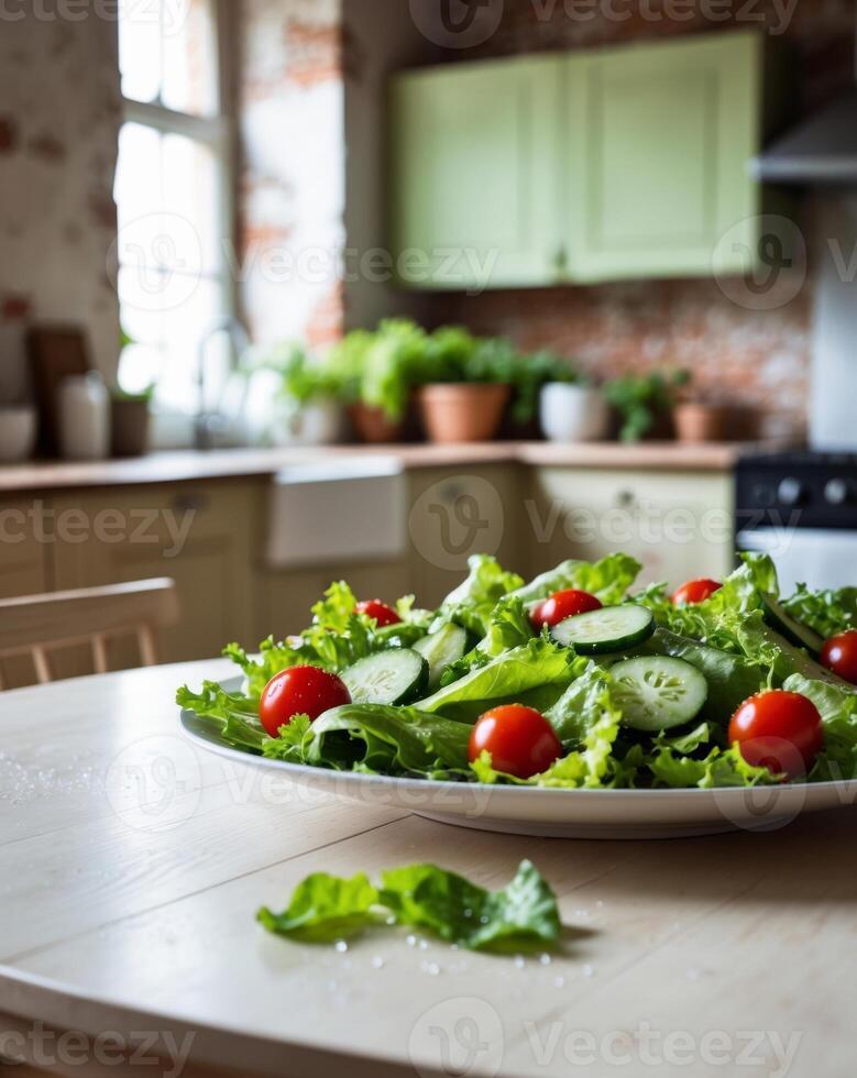Close up of fresh green salad on light table with rustic kitchen background Healthy and easy meal concept. photo