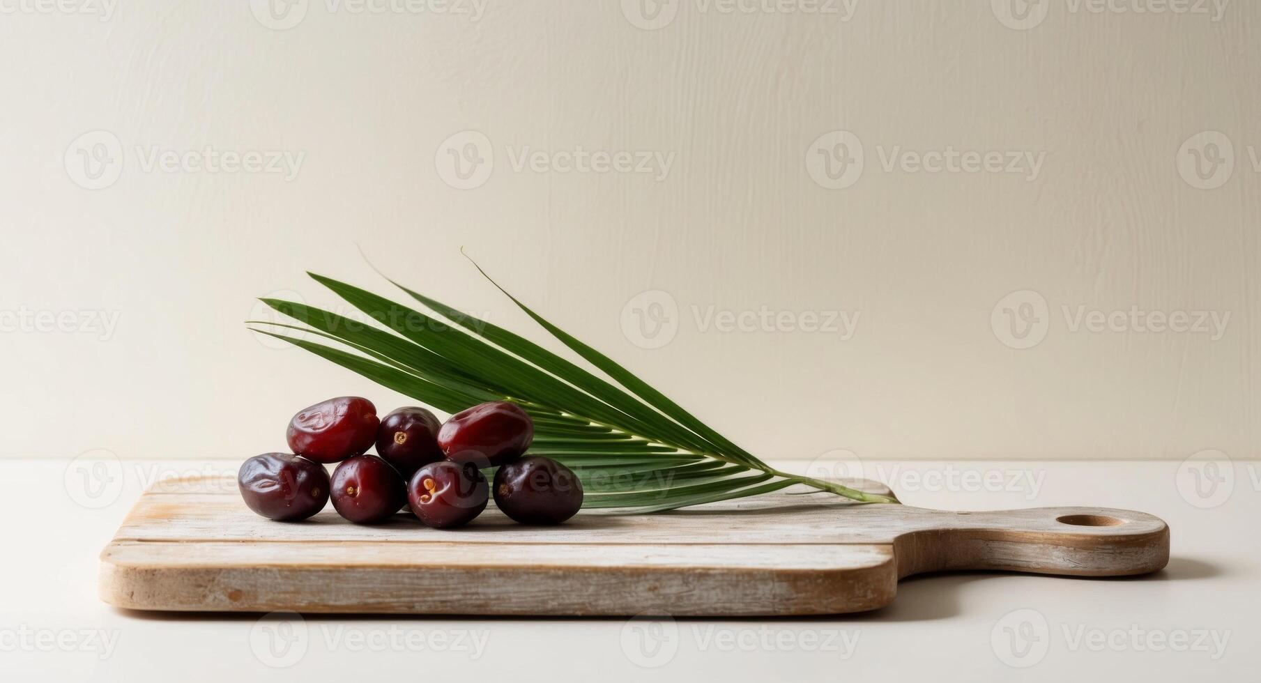Dates on a Wooden Cutting Board with Palm Leaf. photo