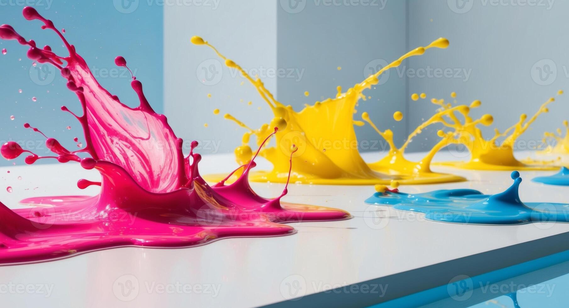 Pink and Yellow Liquid Splashes with Blue Undertones. photo