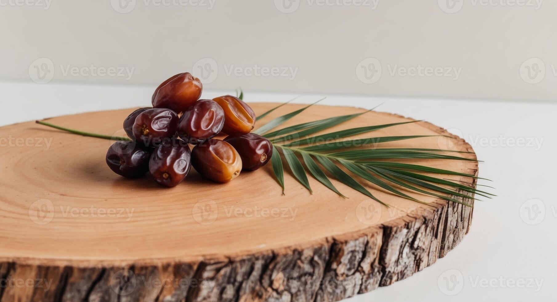Dates on a Wooden Surface with Palm Leaf. photo