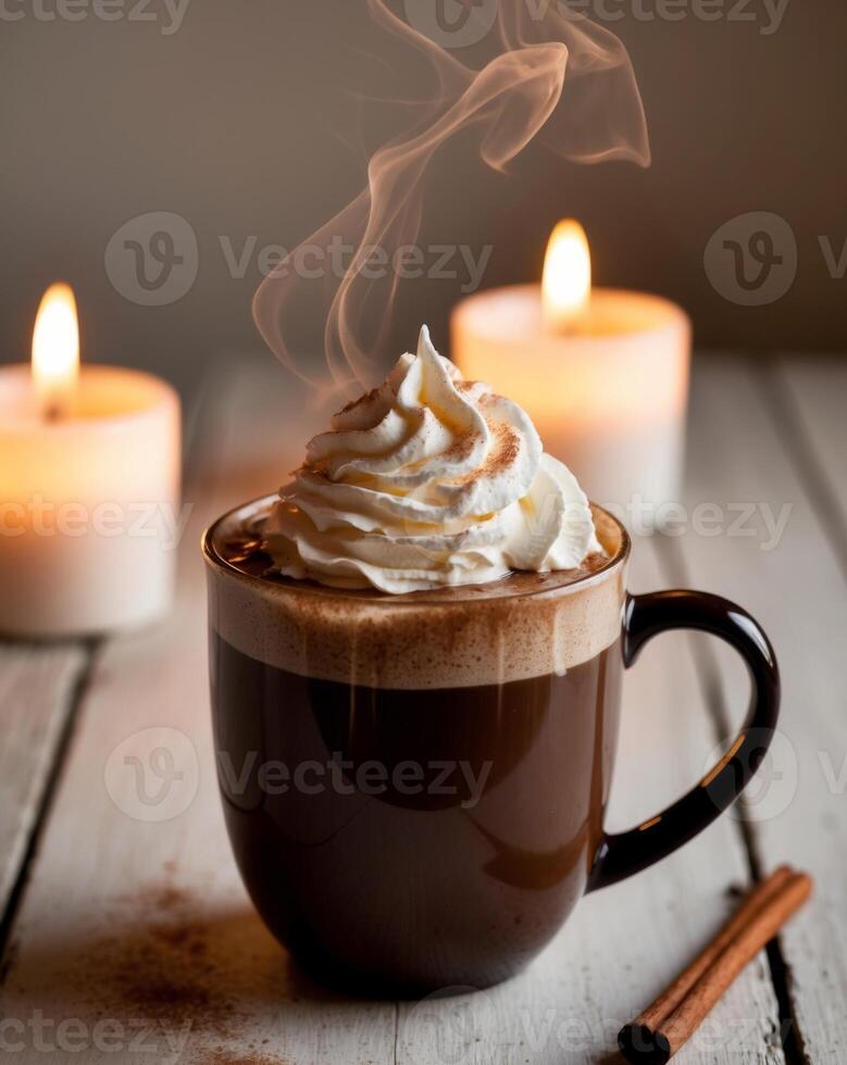 Cozy up With a Warm Mug of Cocoa Topped With Whipped Cream and Cinnamon on a Lit Wooden Table. photo