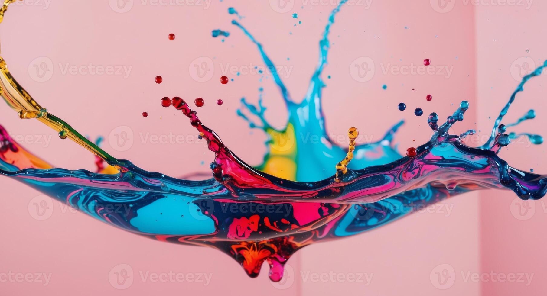 Colorful Liquid Splash on Pink Background. photo