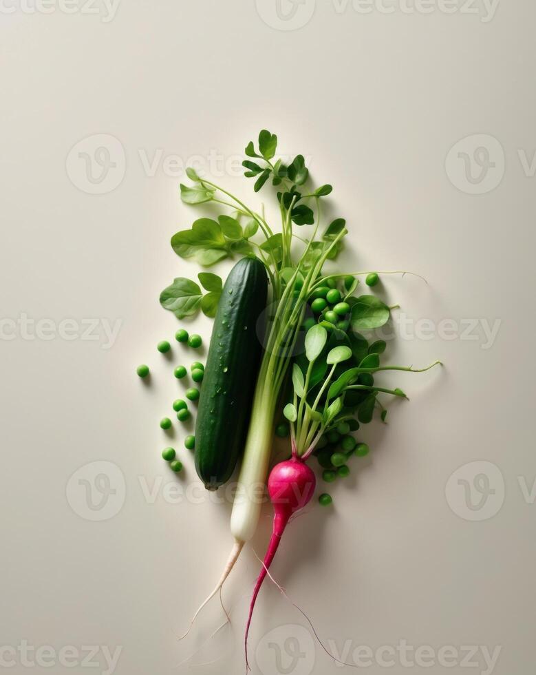 Close up of cucumber watercress radish and peas Promotes healthy living. photo