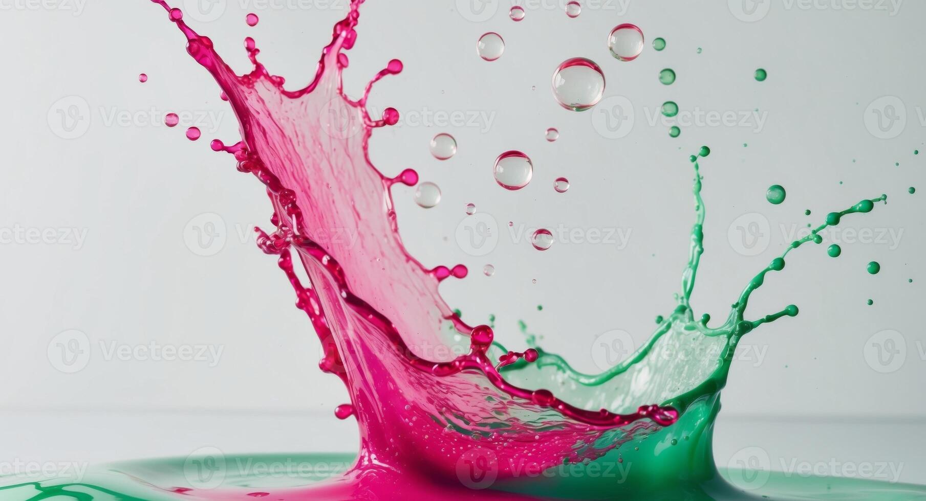 Pink and Green Liquid Splash with Bubbles. photo