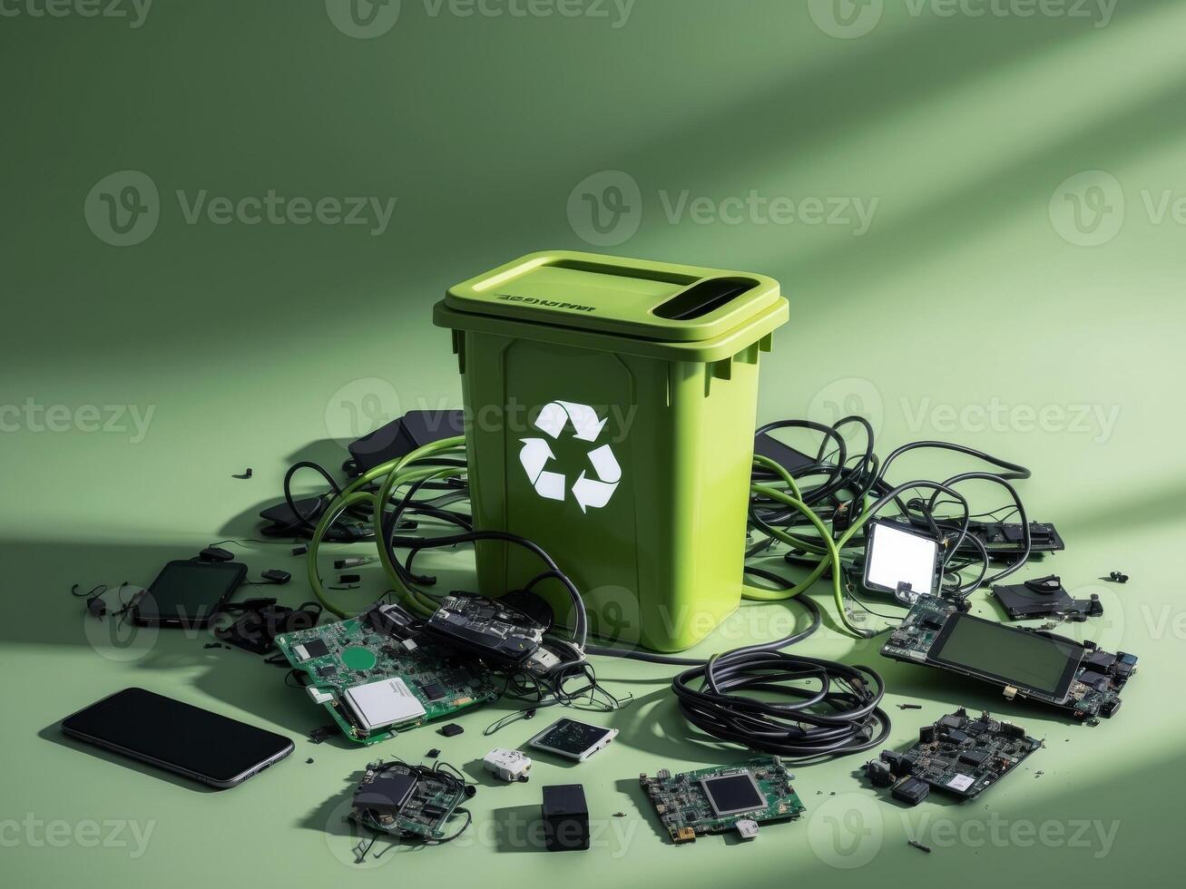 Electronic waste disposal concept featuring a recycling bin surrounded by electronic devices and components on a green background. photo