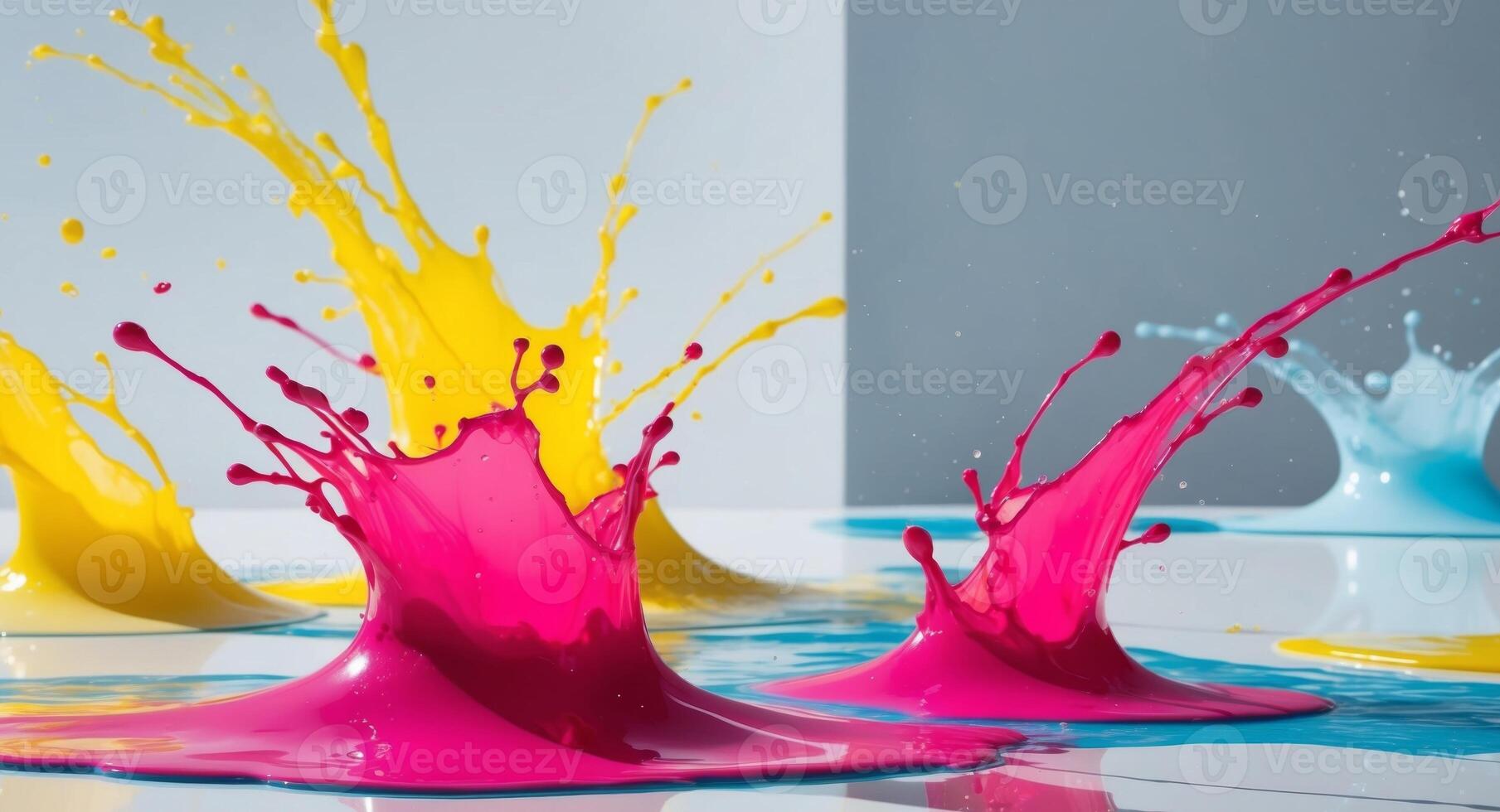 Pink and Yellow Liquid Splashes with Blue Undertones. photo