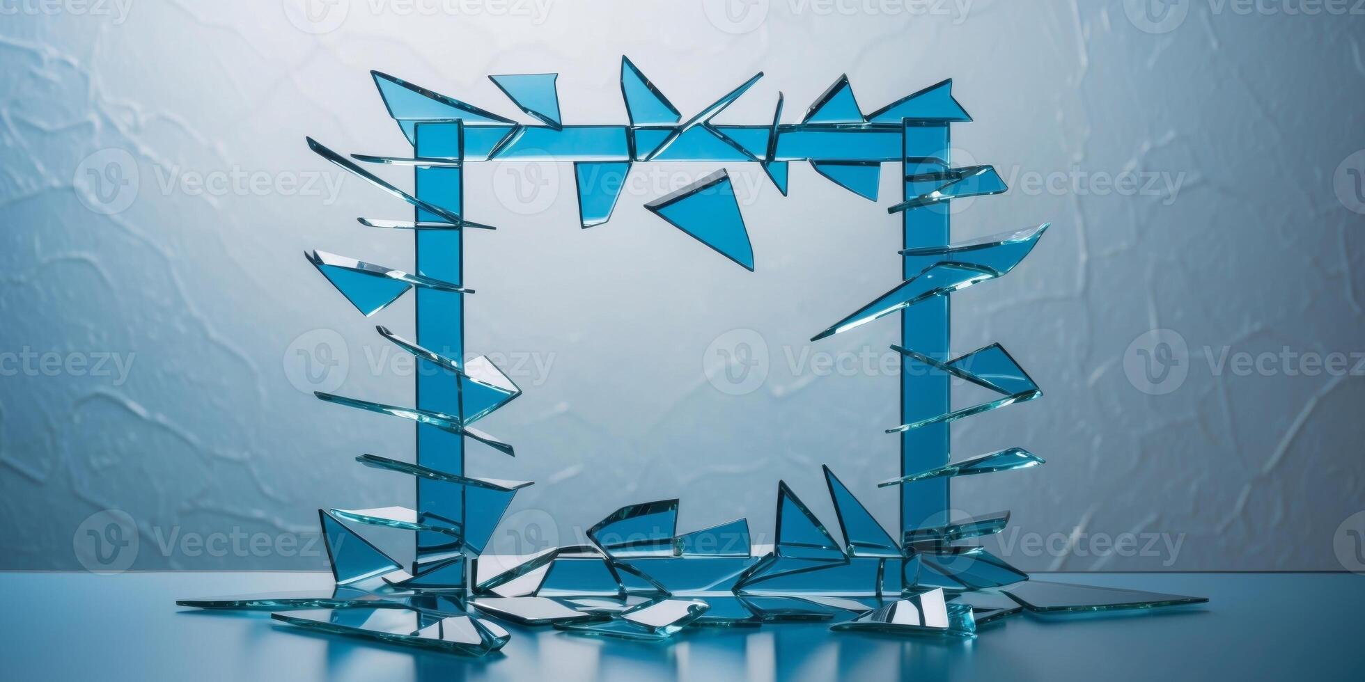 Broken Glass Shards Creating a Frame on a Textured Blue Background. photo