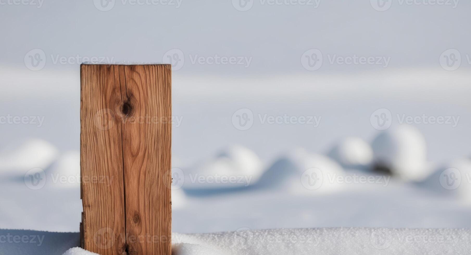 Rustic wooden plank with snow background. photo