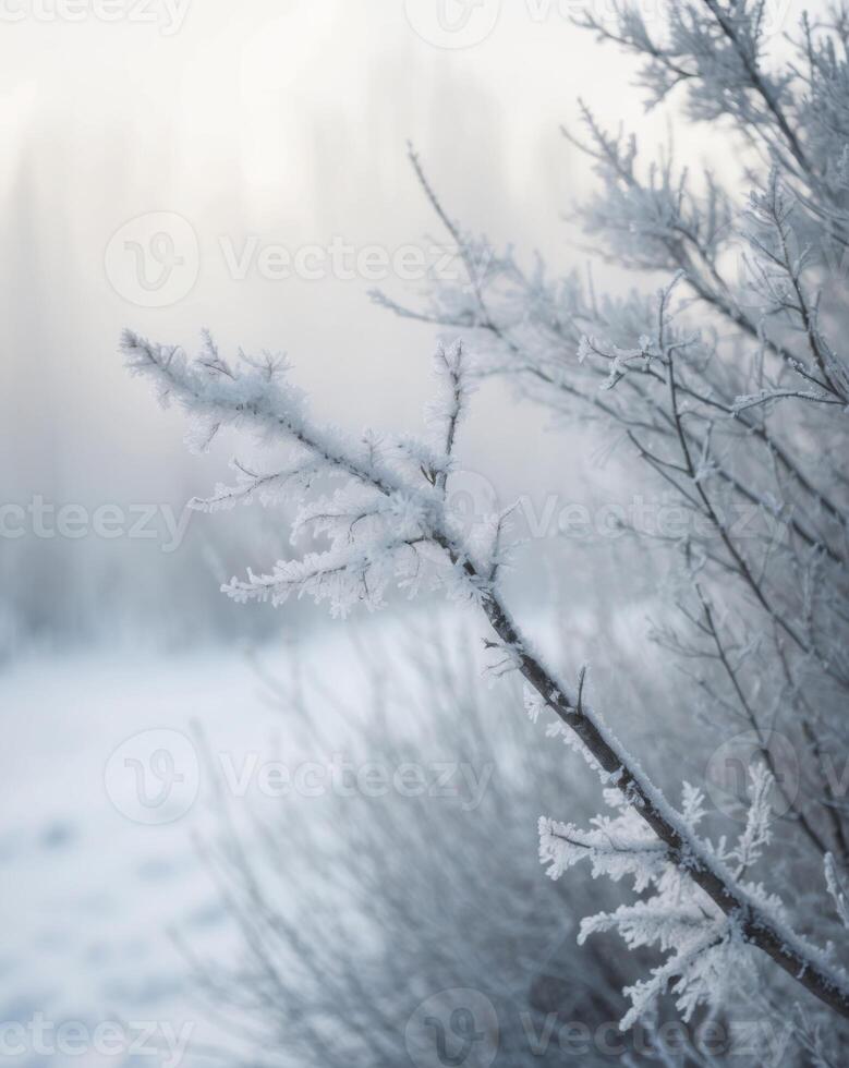 Closeup of a tree and bush covered in hoarfrost and snow during winter. photo