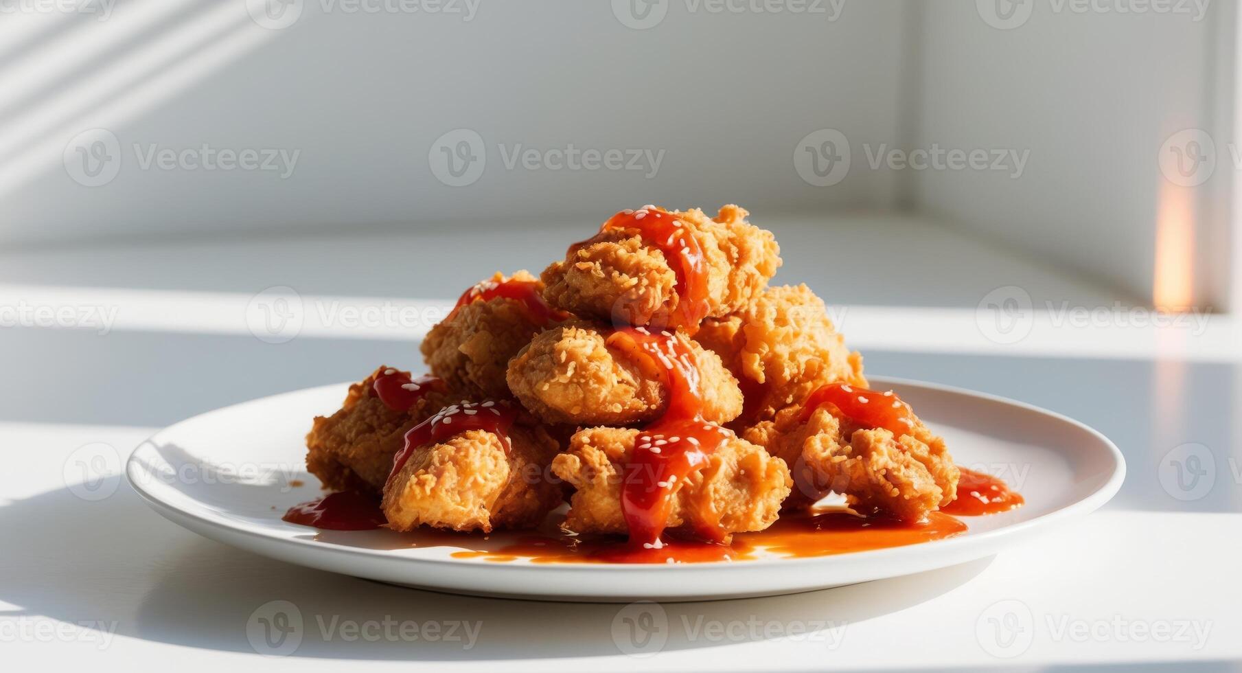 Crispy Fried Chicken Bites with Sweet and Spicy Sauce in a White Plate. photo