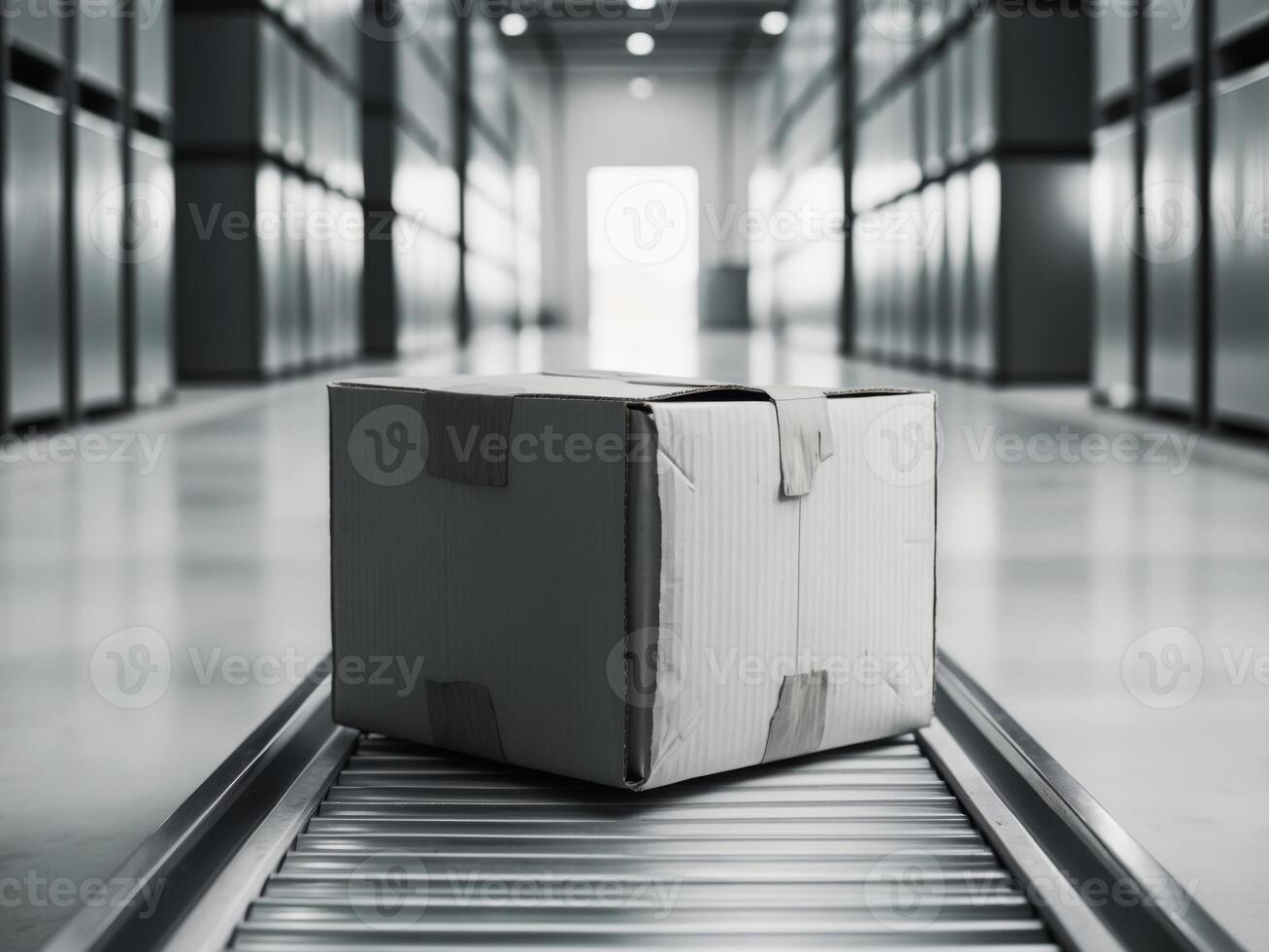 Cardboard Box on Conveyor Belt in Modern Warehouse. photo