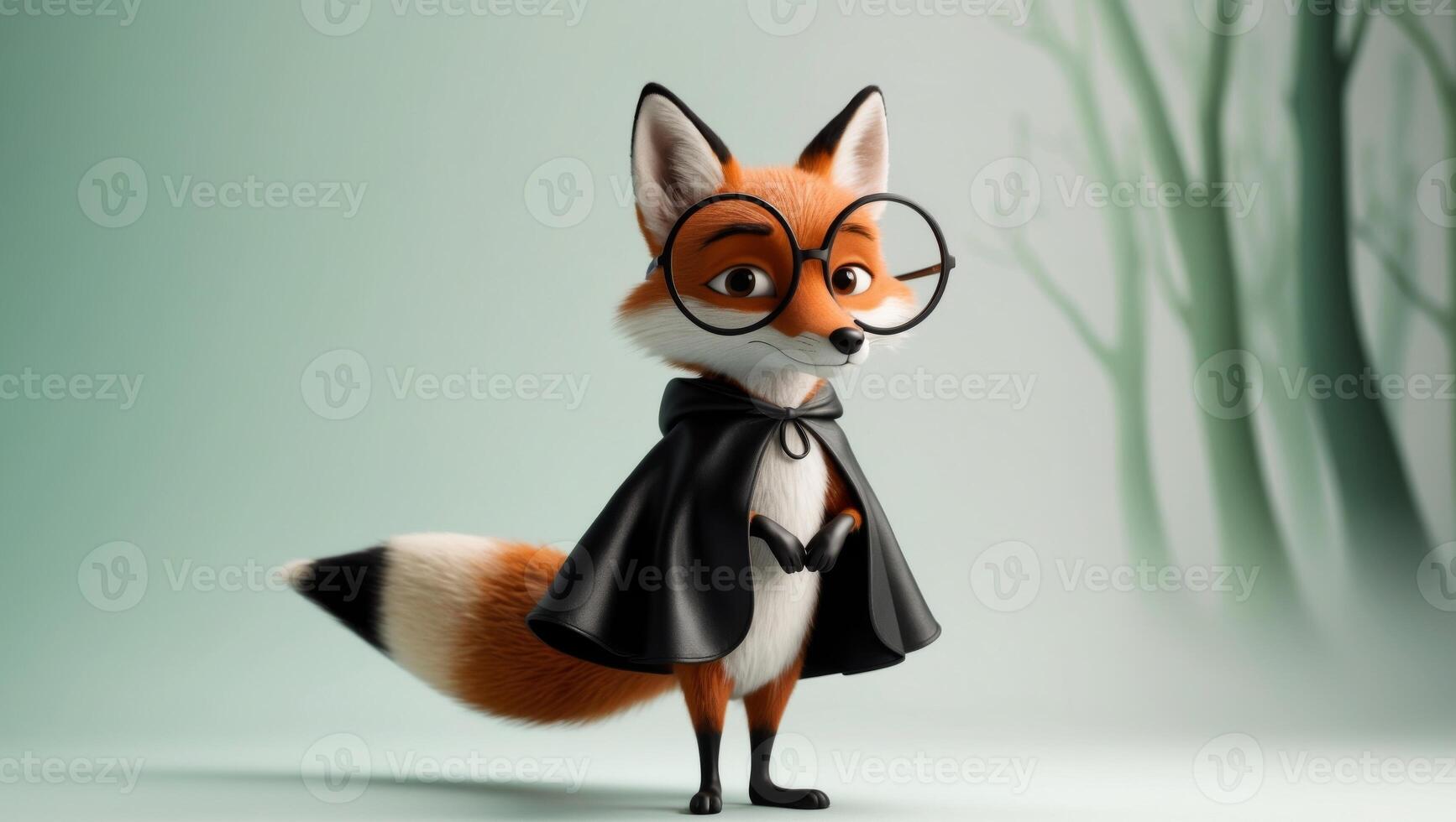 Banner of adorable animated fox with glasses dressed in black cape on delightful green backdrop image. photo
