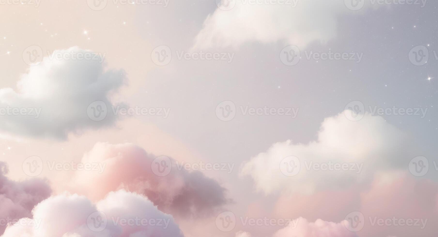 A Dreamy Pastel Sky with Fluffy Clouds and Glimmering Stars. photo