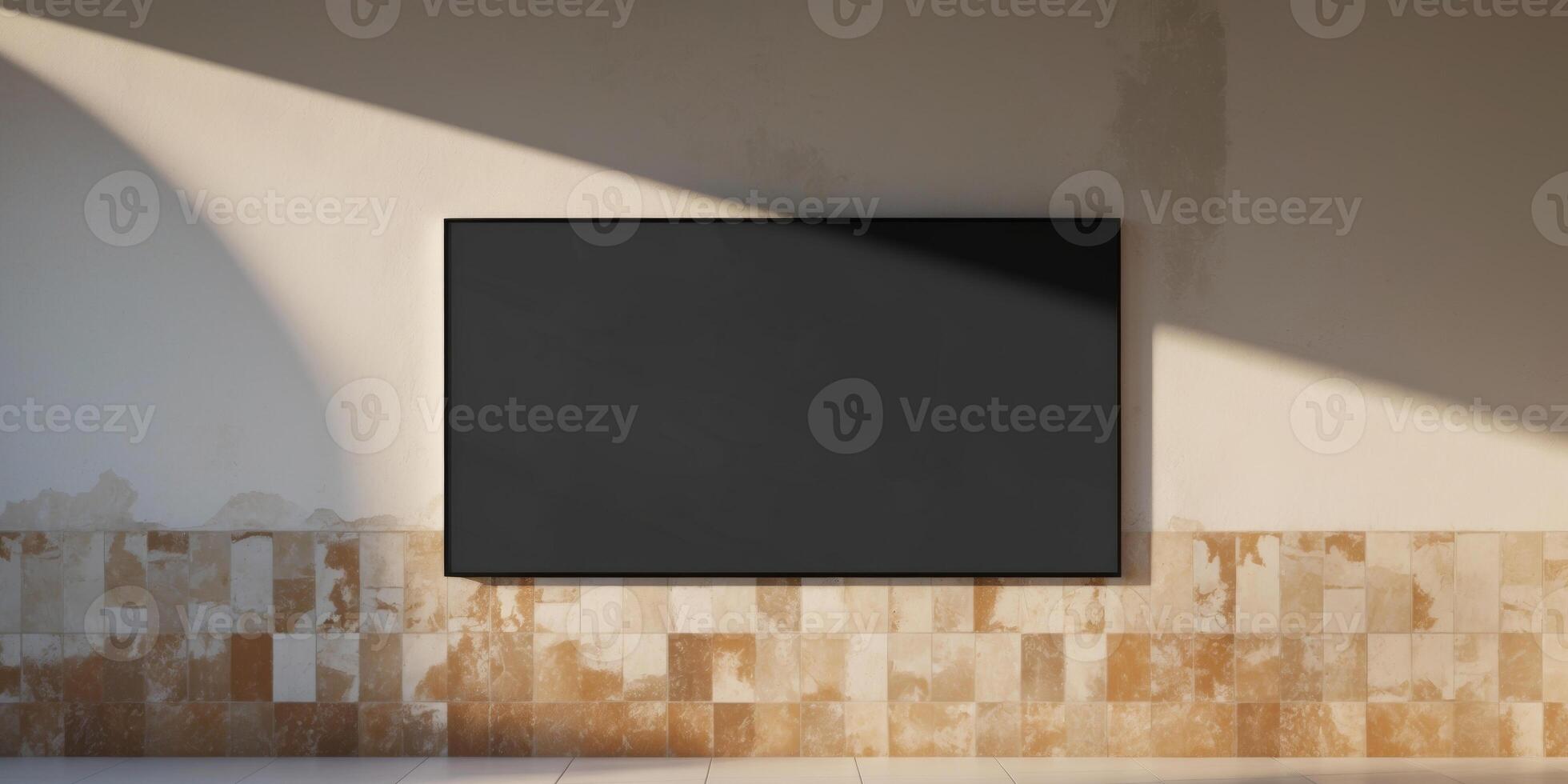 Black billboard mockup on a tiled wall with sunlight. photo