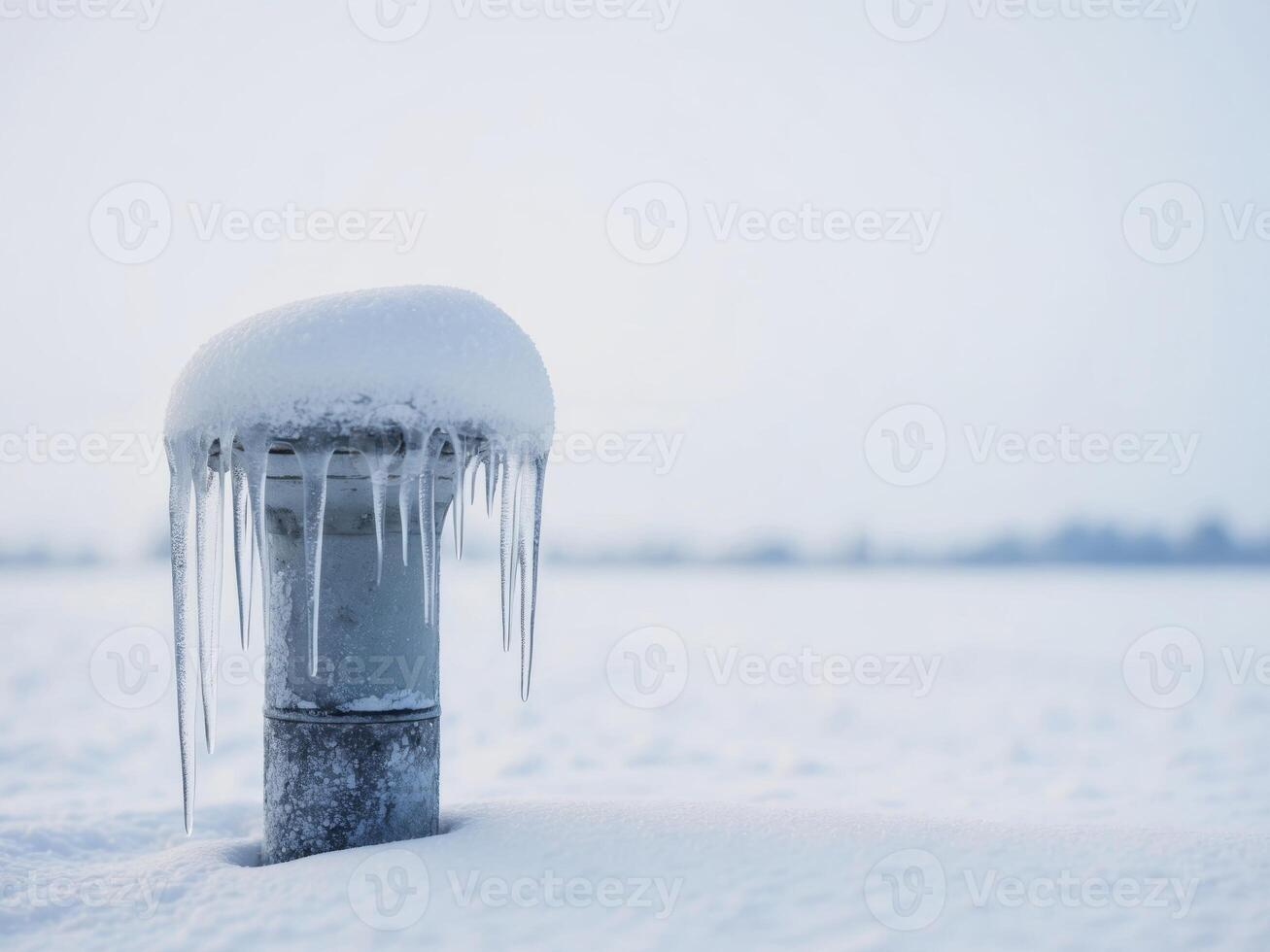 Icy pipe covered in snow and icicles in winter landscape. photo