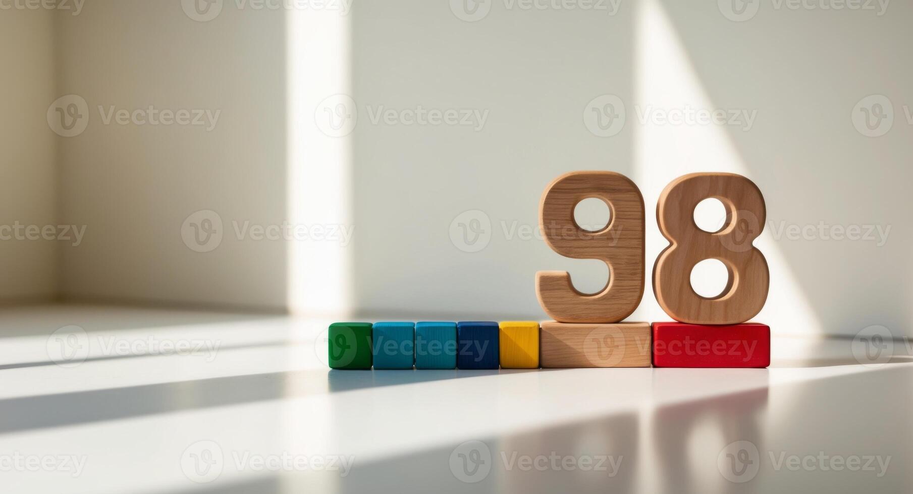 Wooden toy blocks forming the number 98. photo