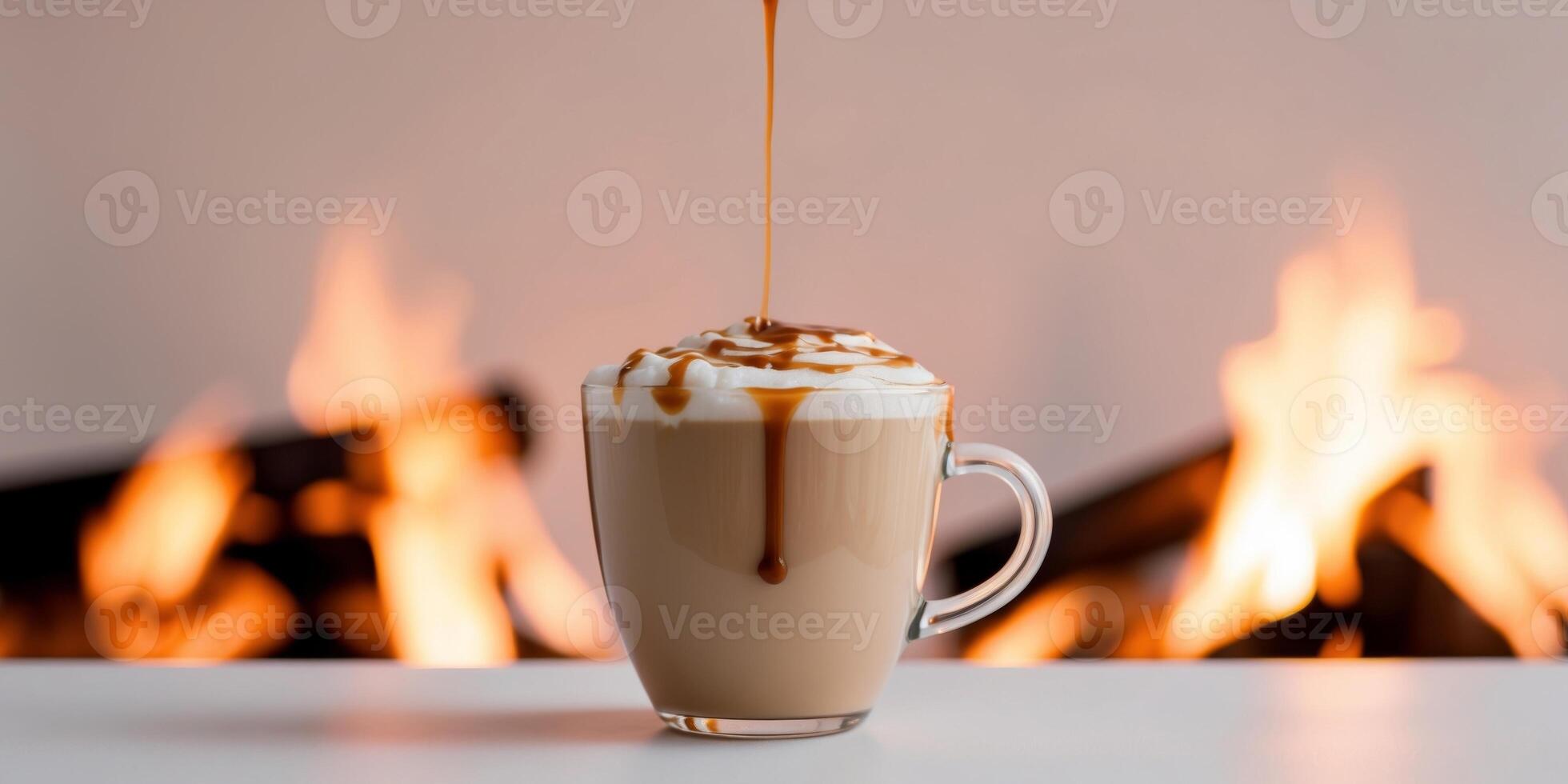 Caramel iced latte with a drizzle of caramel on top bonfire background. photo