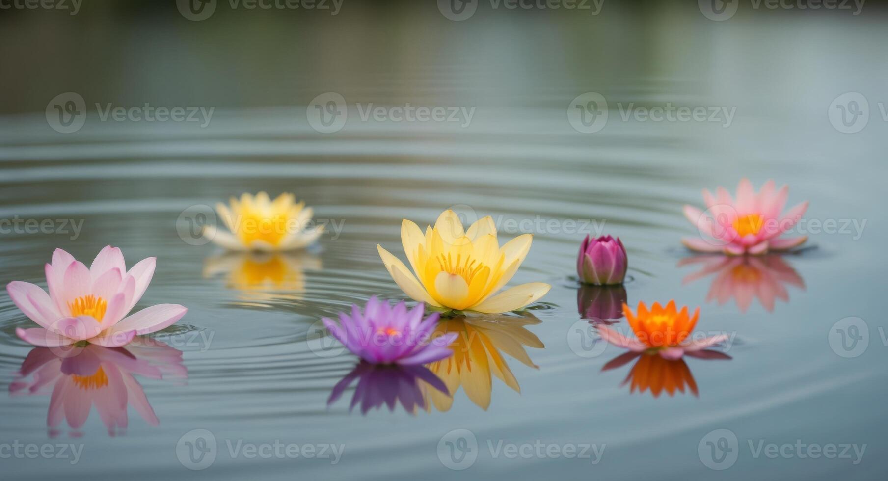 Colorful Flowers Floating on a Calm Pond Surface. photo