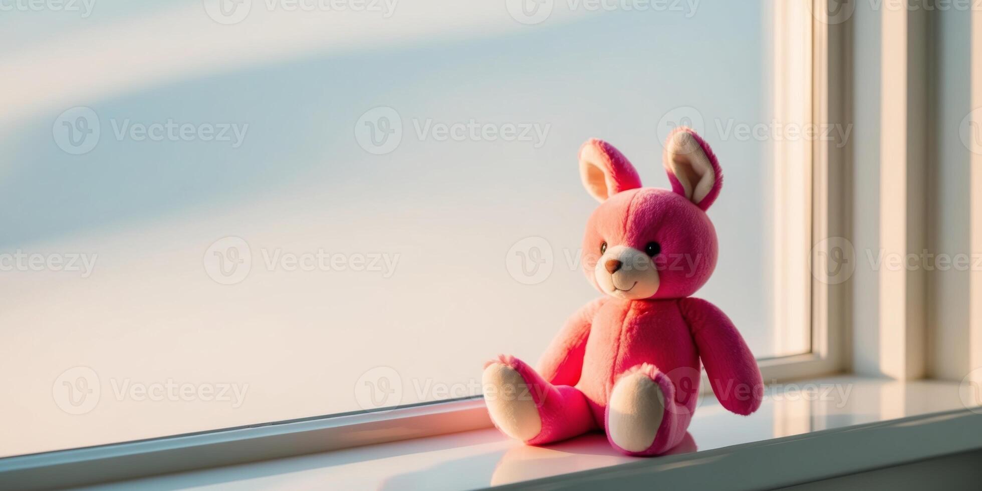 Beautiful bright plush toy sitting on a windowsill on a clear sunny day. photo