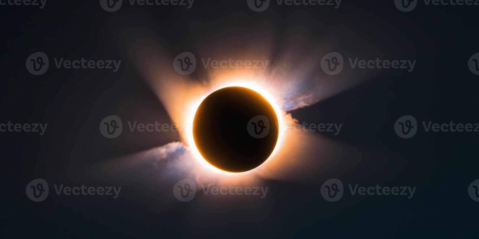 stunning view of solar eclipse with moon partially covering the sun casting orange glow on dark night sky. photo