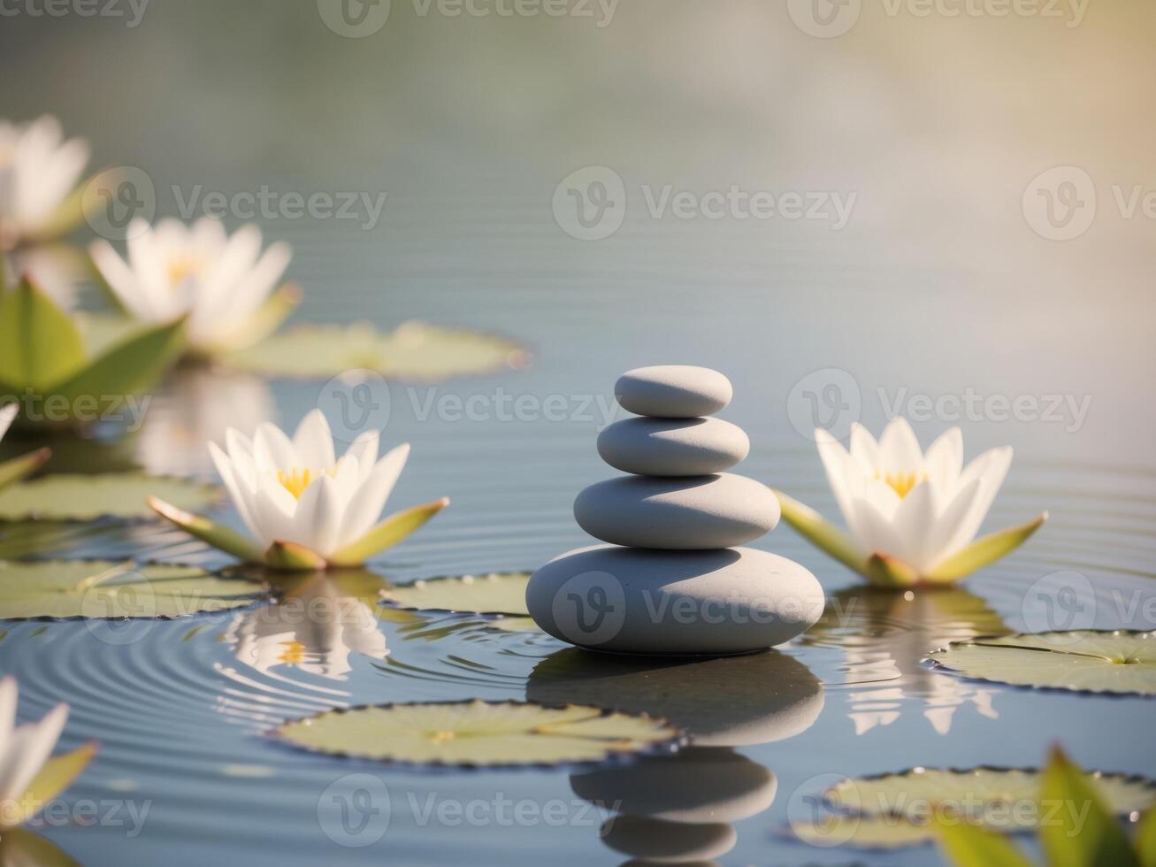 A Stack of Stones in a Serene Pond with White Water Lilies. photo