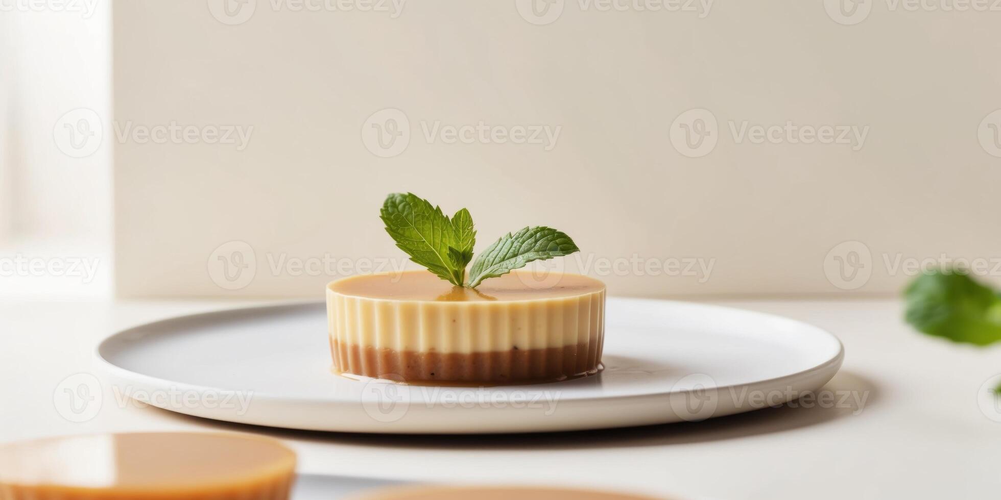 Caramel Flan Dessert with a Mint Garnish. photo