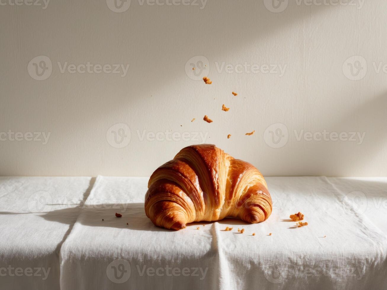 Beautifully Baked Croissant with Floating Crumbs A Deliciously Captivating Image. photo