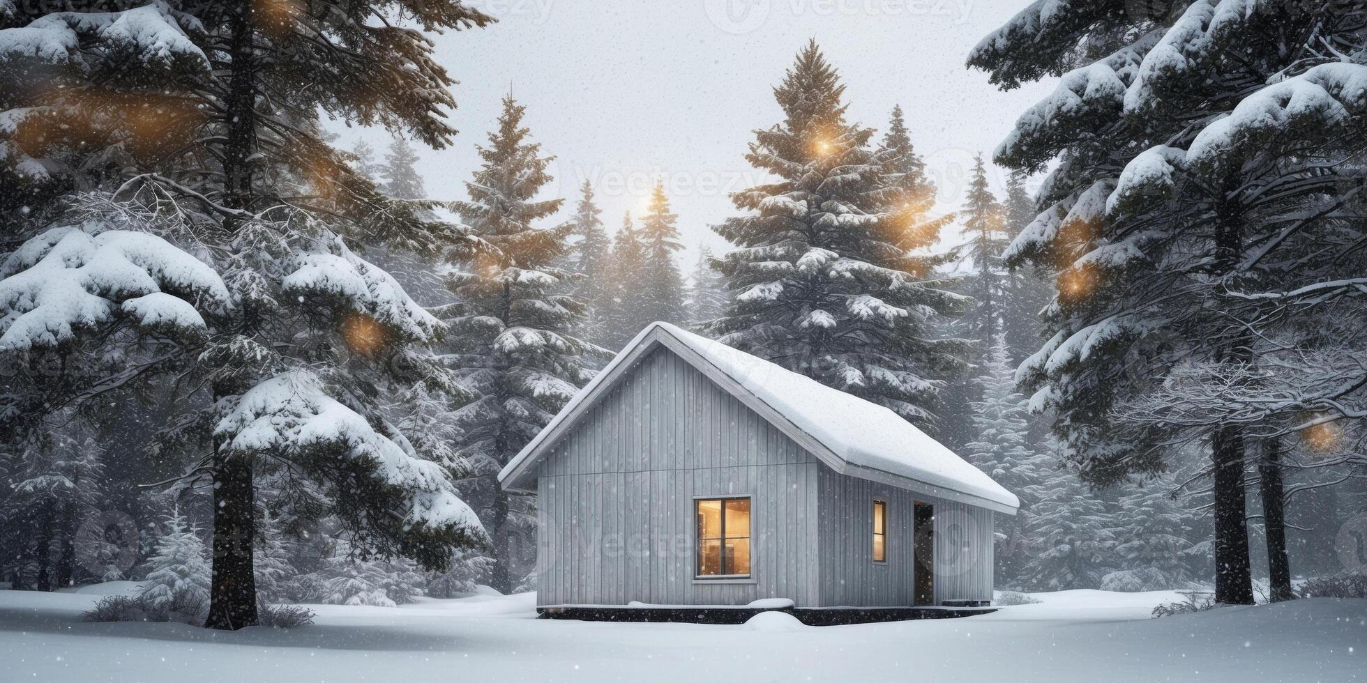 Cozy Winter Cabin Surrounded by Snow and Pines. photo