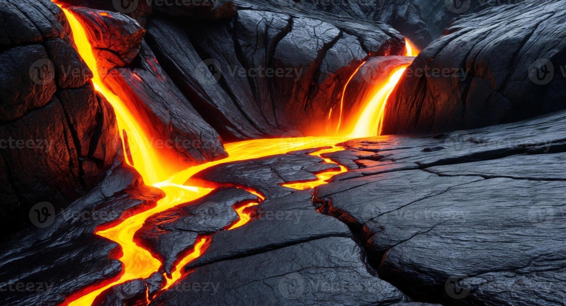 Molten Lava Flowing Through Cracks in a Rock Formation. photo