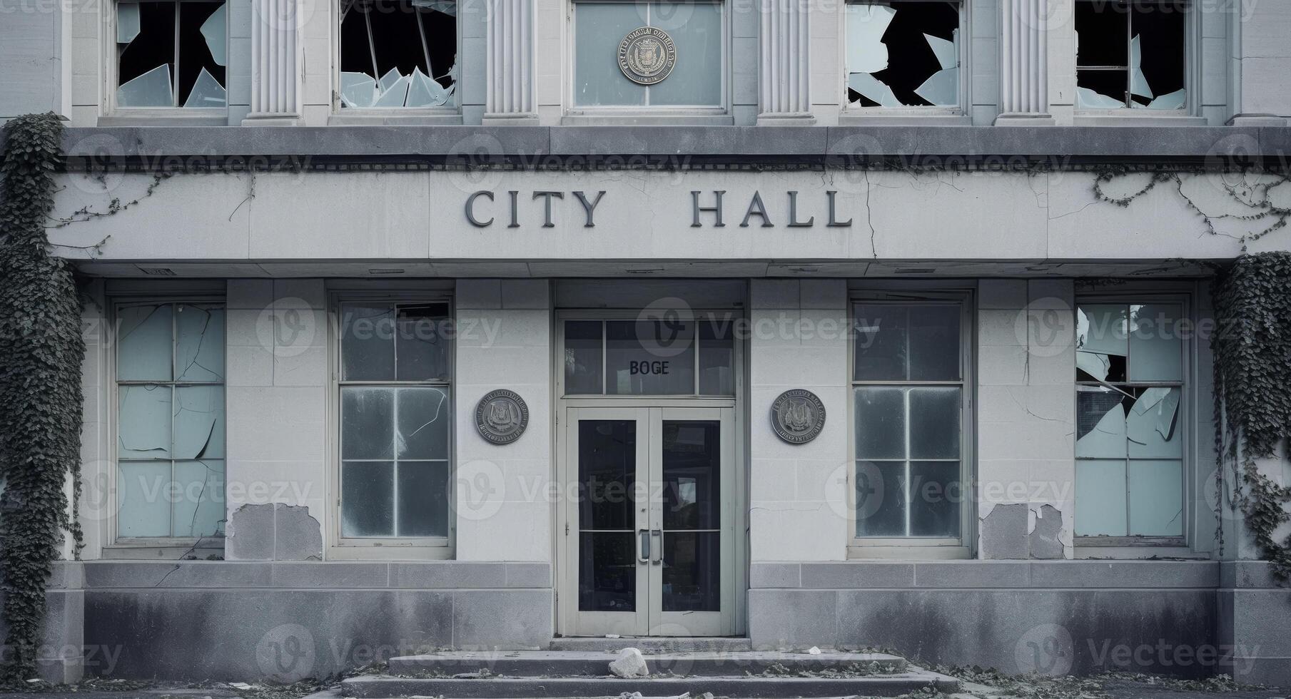 Crumbling city hall with broken windows and faded insignia background echoes of governance now a ghost of former authority. photo