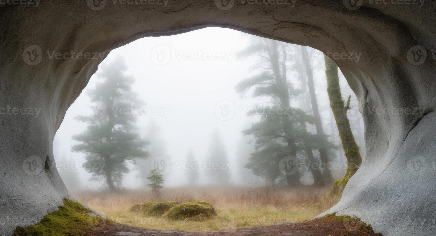 A Foggy Forest View Through a Rock Archway. photo