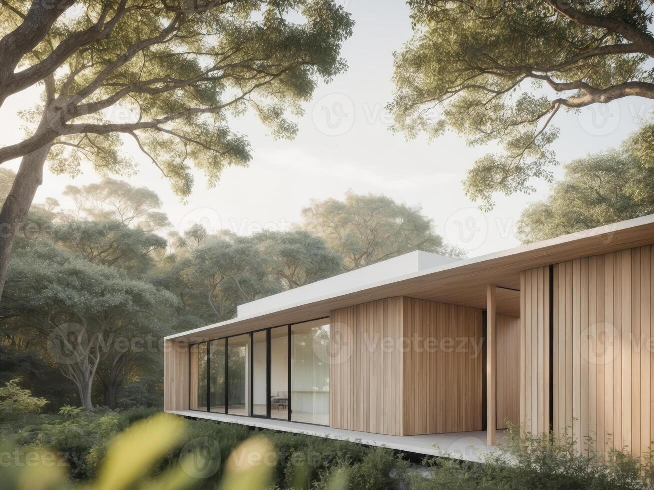 Contemporary wooden house with large glass windows in a serene natural setting during daytime. photo