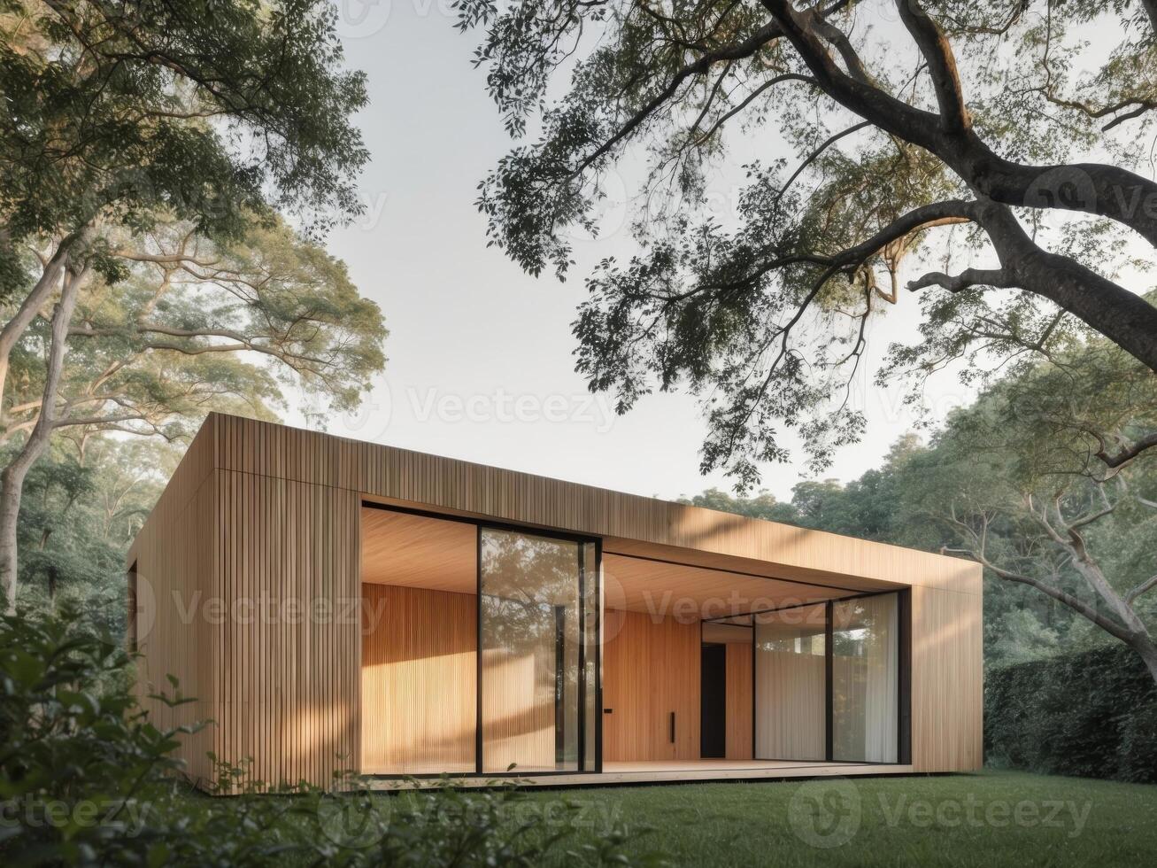 Contemporary wooden house with large glass windows in a serene natural setting during daytime. photo