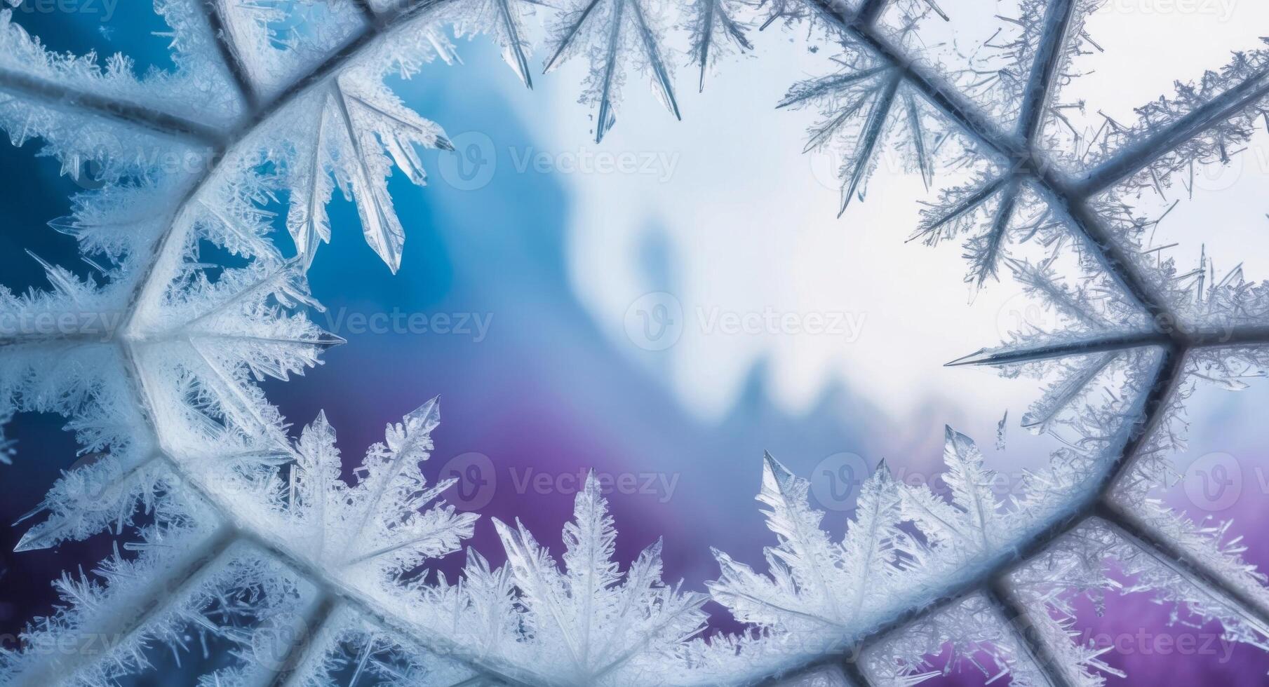 Frozen Ice Crystals Form a Natural Frame on a Blue and Purple Background. photo